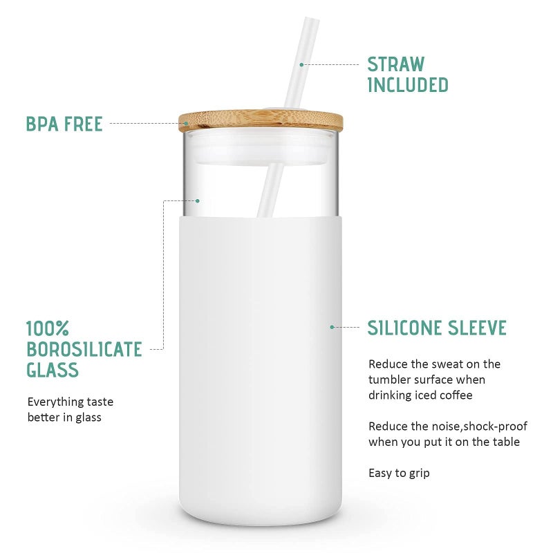 Tronco 20 oz Glass Tumbler with Lid and Straw, Iced Coffee Cup and Smoothie Cup with Bamboo Lids & Protective Silicone Sleeve, Dishwasher Safe, BPA-Free, Glass Cup 1 Pack - Image 4